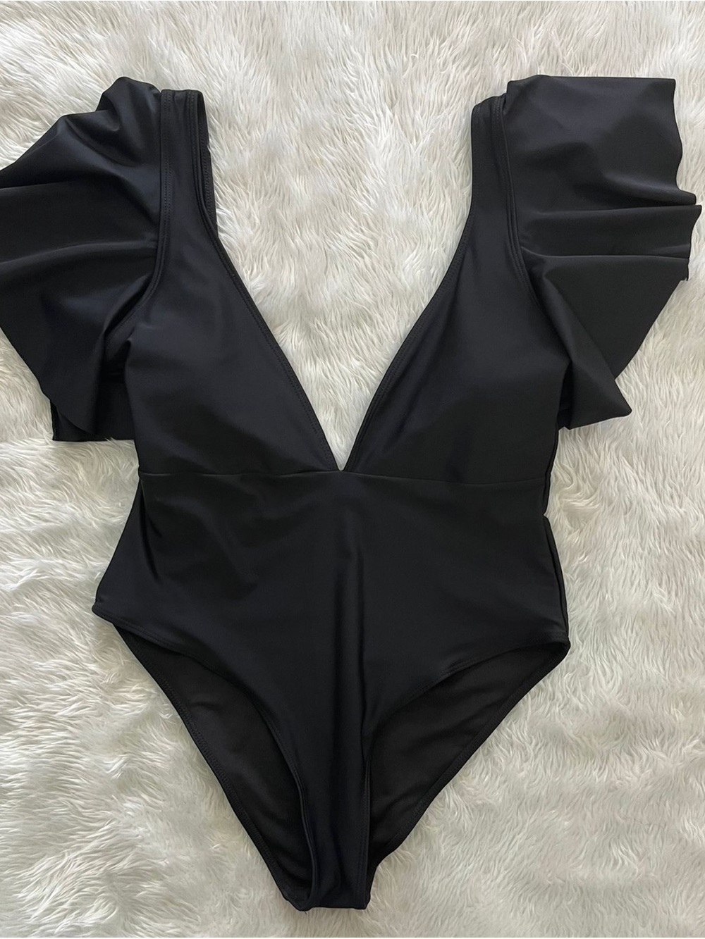Women’s Black Ruffle Sleeve One-Piece Swimsuit NWT SMALL